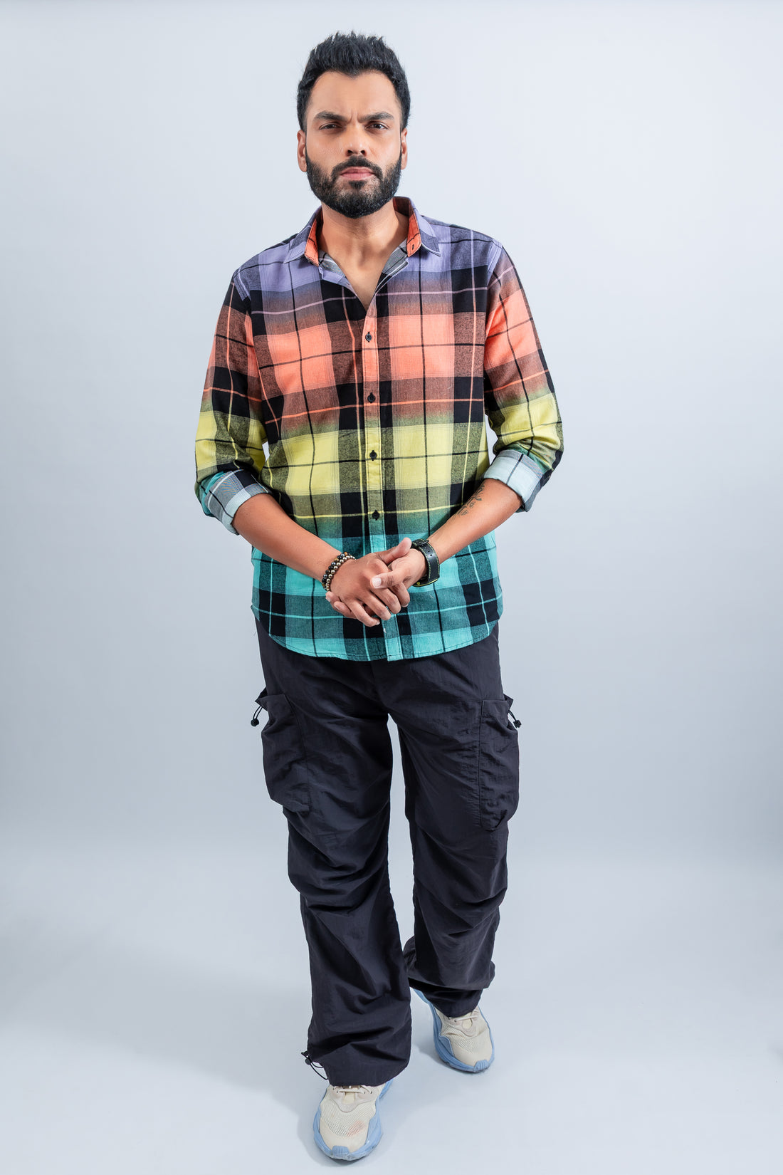 Men's spreaded collar multi coloured cotton  checked shirt