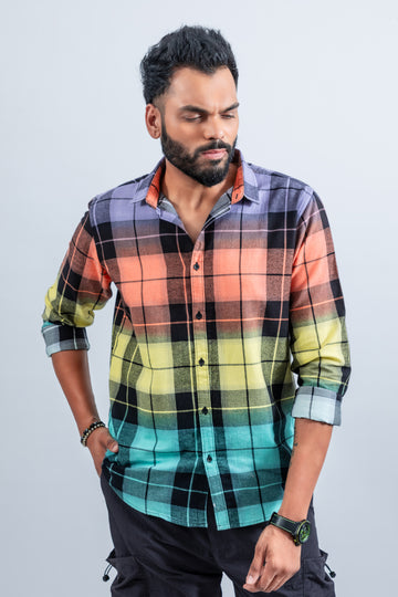 Men's spreaded collar multi coloured cotton  checked shirt