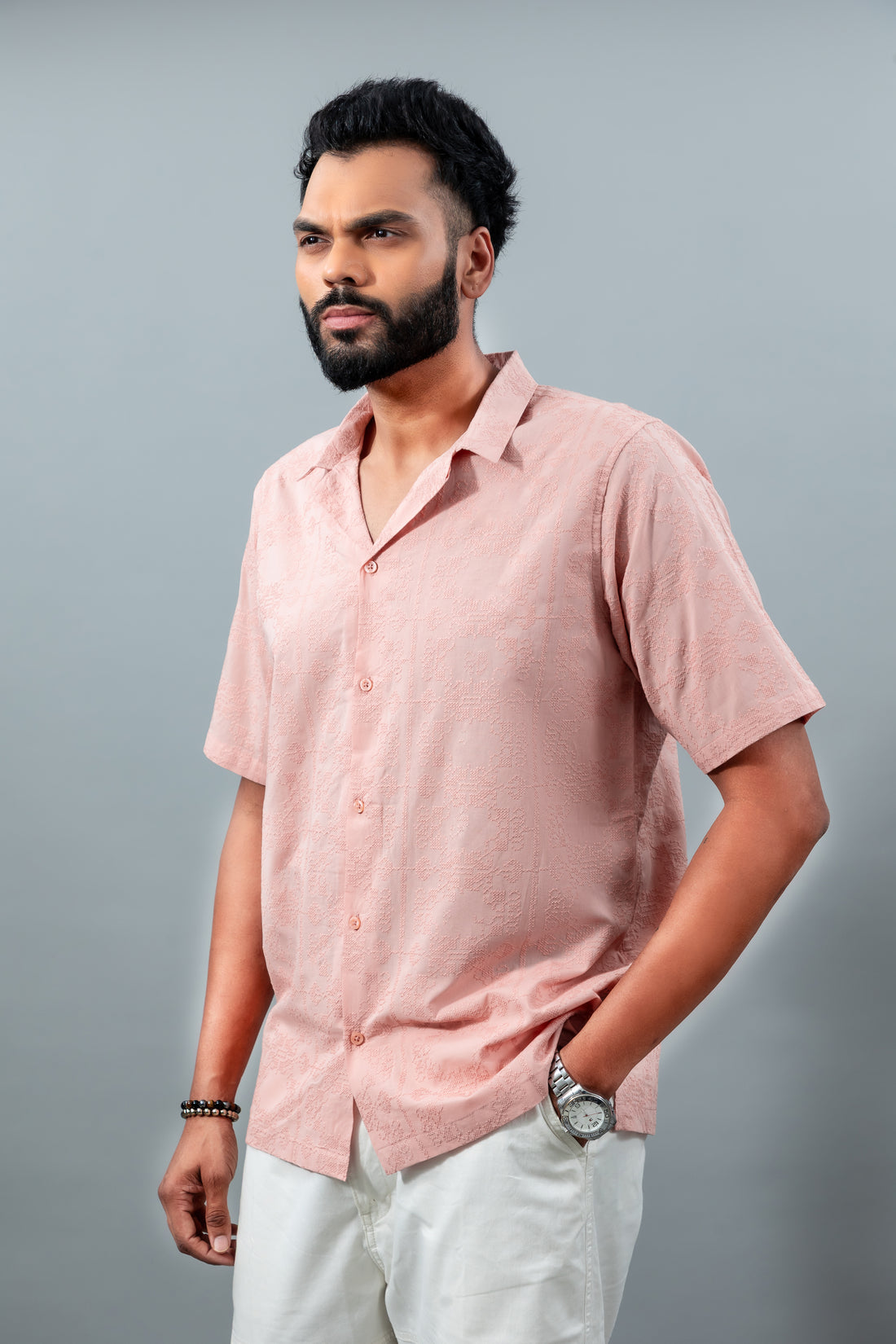 Men's cuban collar embroidered oversized casual shirt