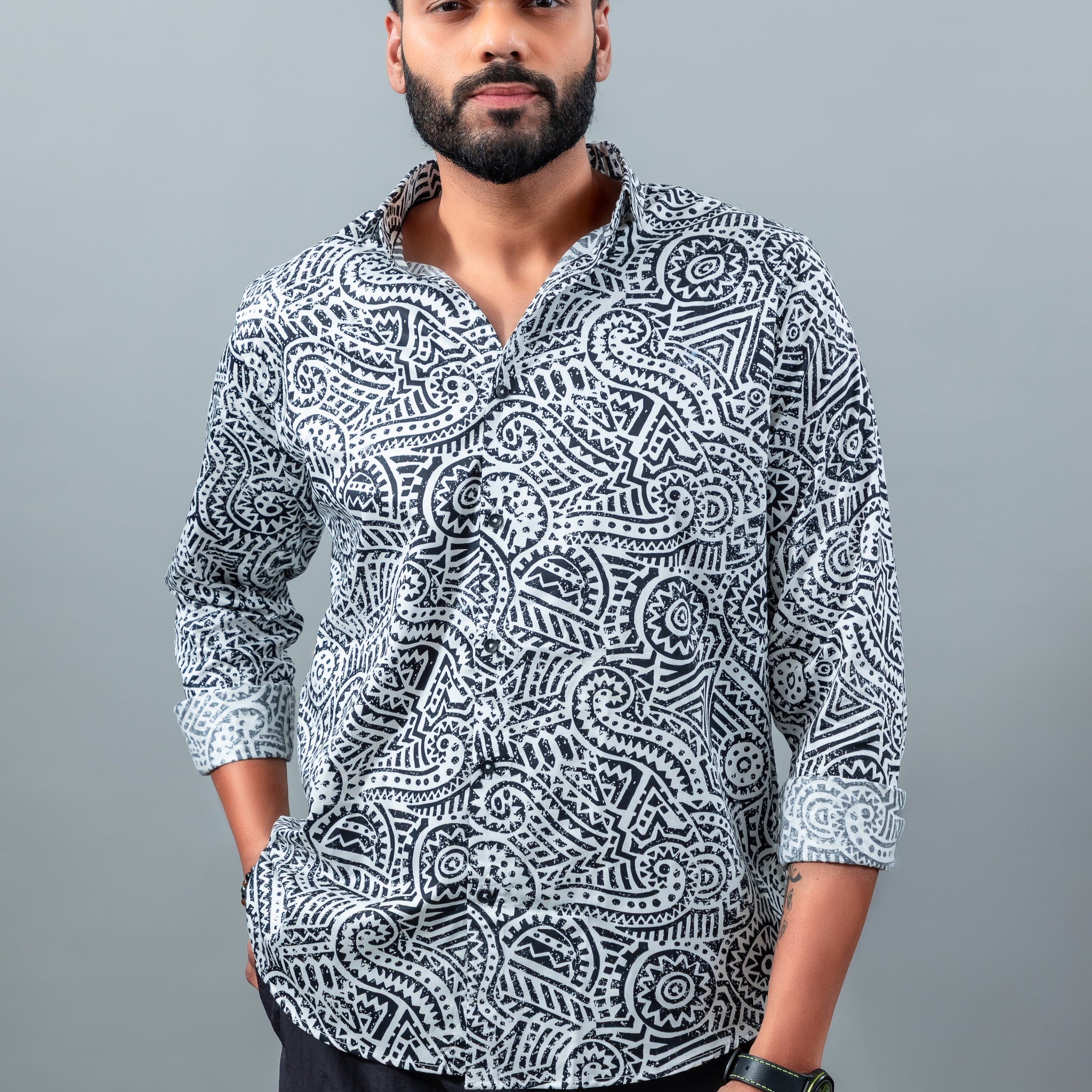 Premium geometric black & white printed casual shirt
