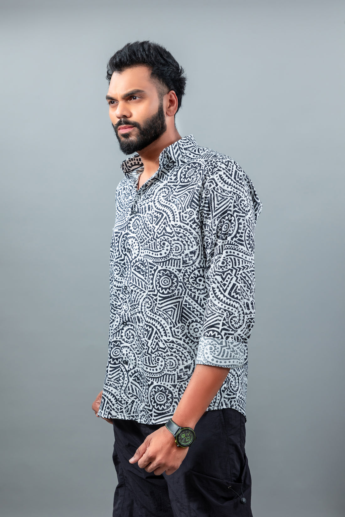 Premium geometric black & white printed casual shirt