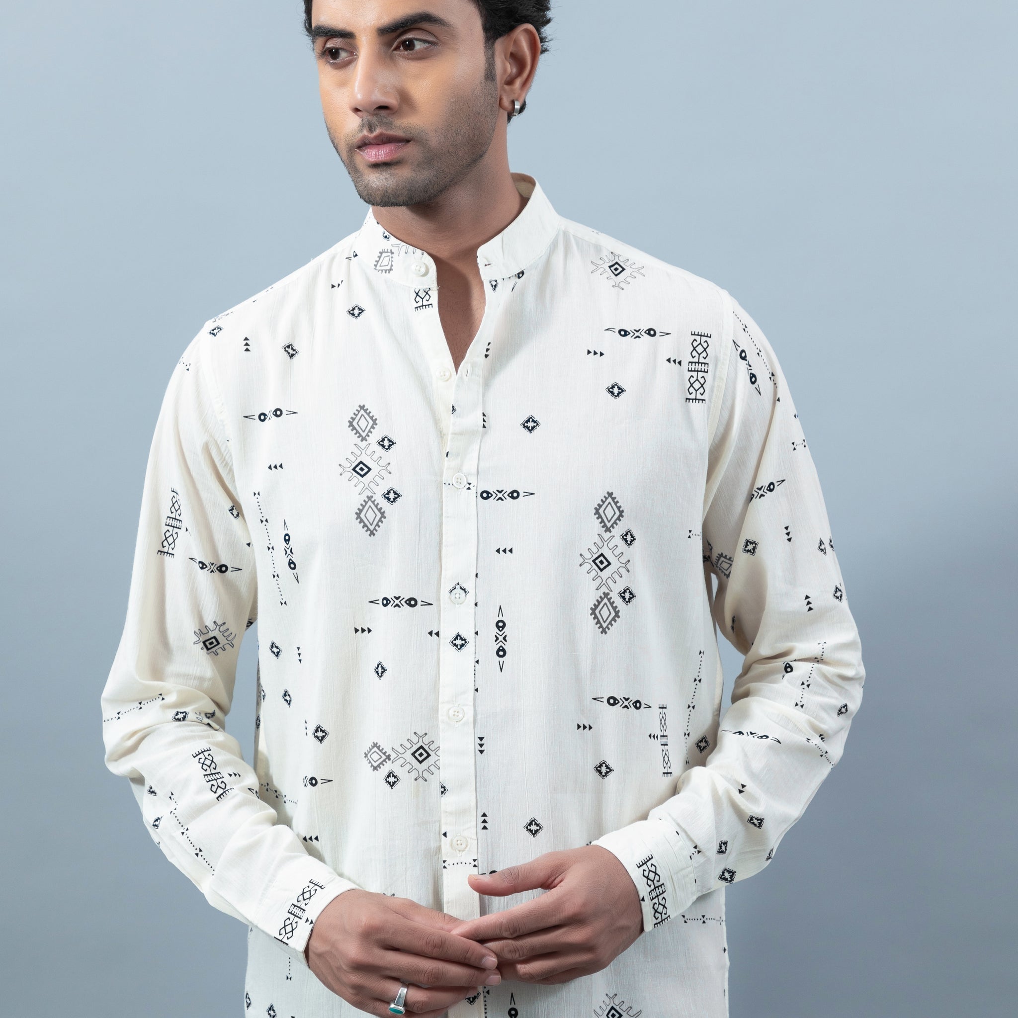 Men's premium black printed mandarin collar casual shirt