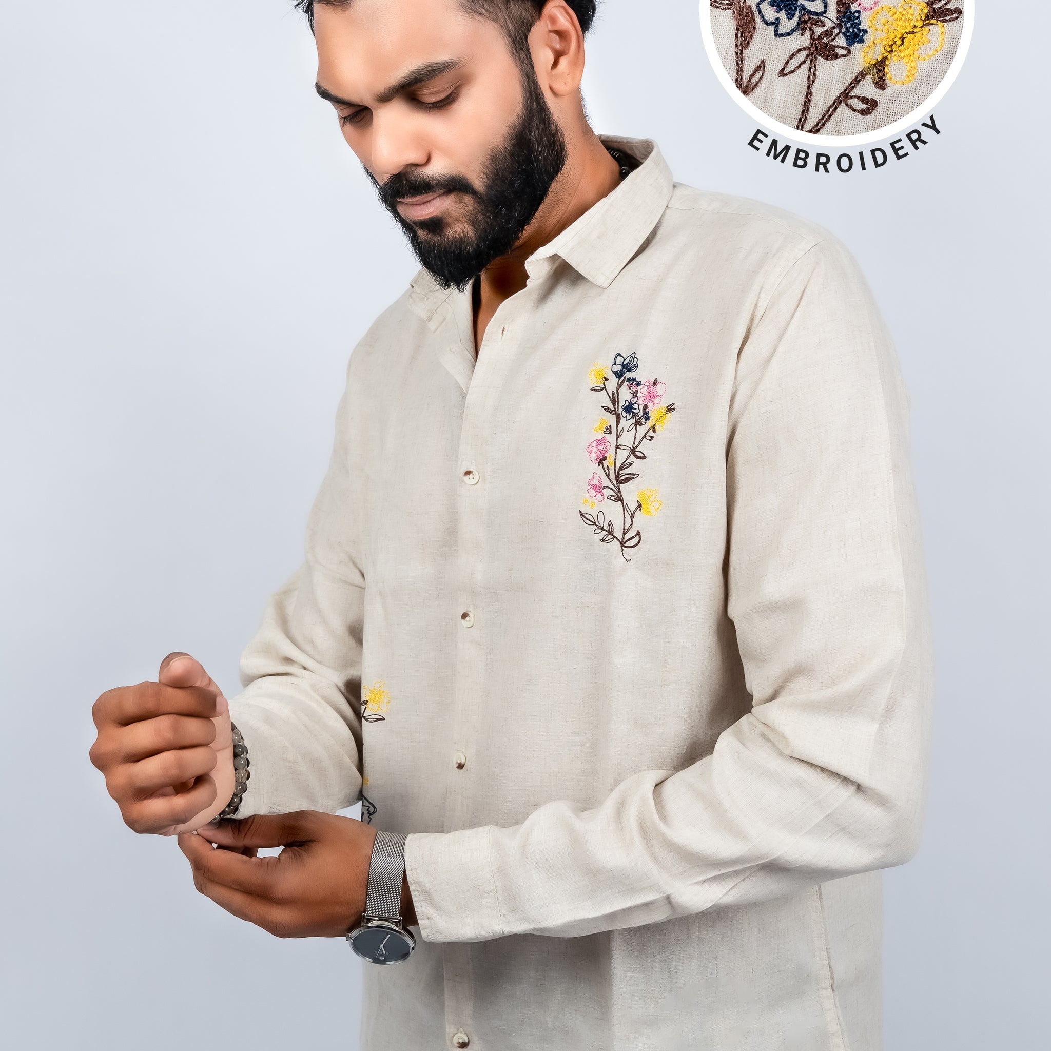 Cotton linen soft collar with floral embroidery casual shirt