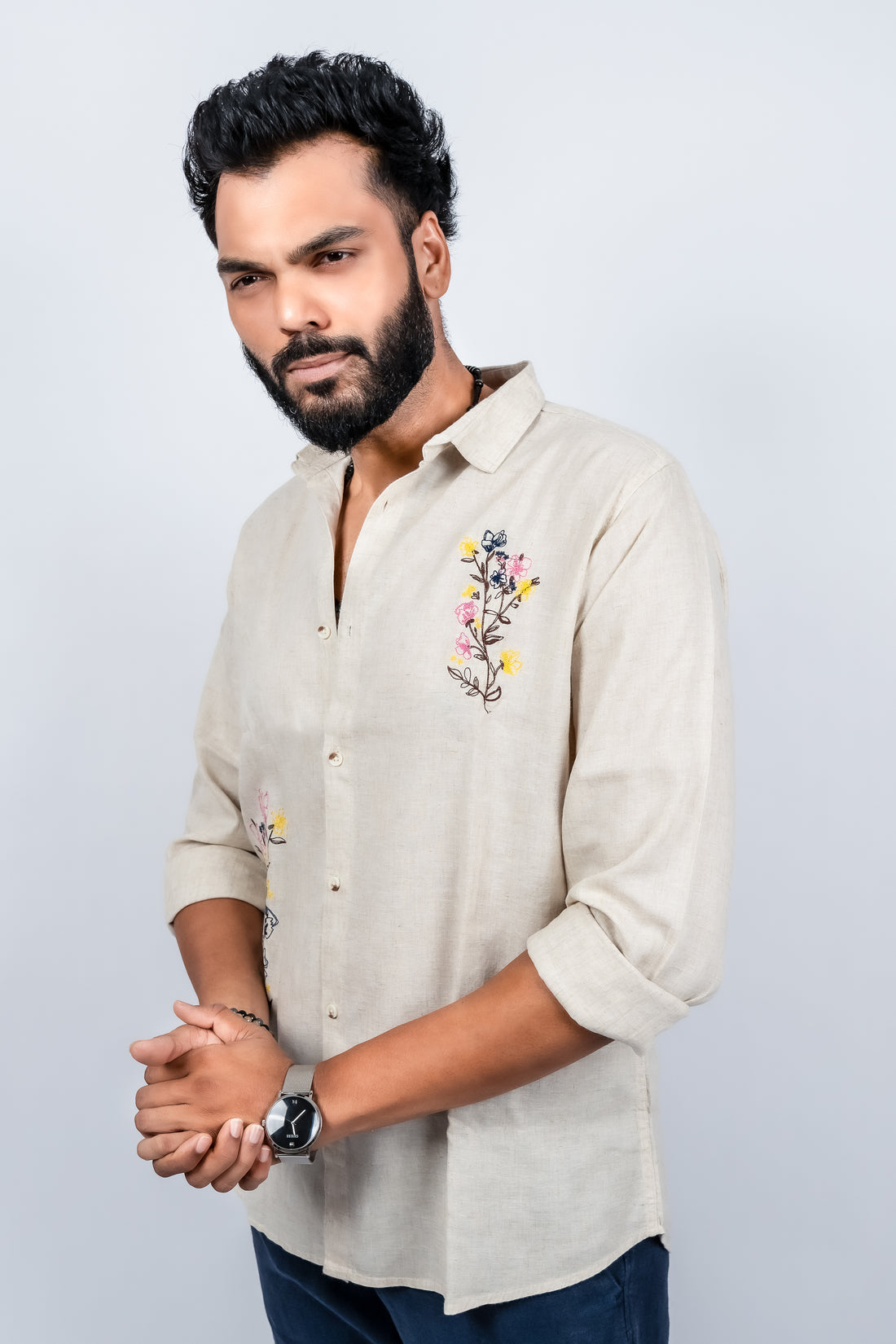 Cotton linen soft collar with floral embroidery casual shirt