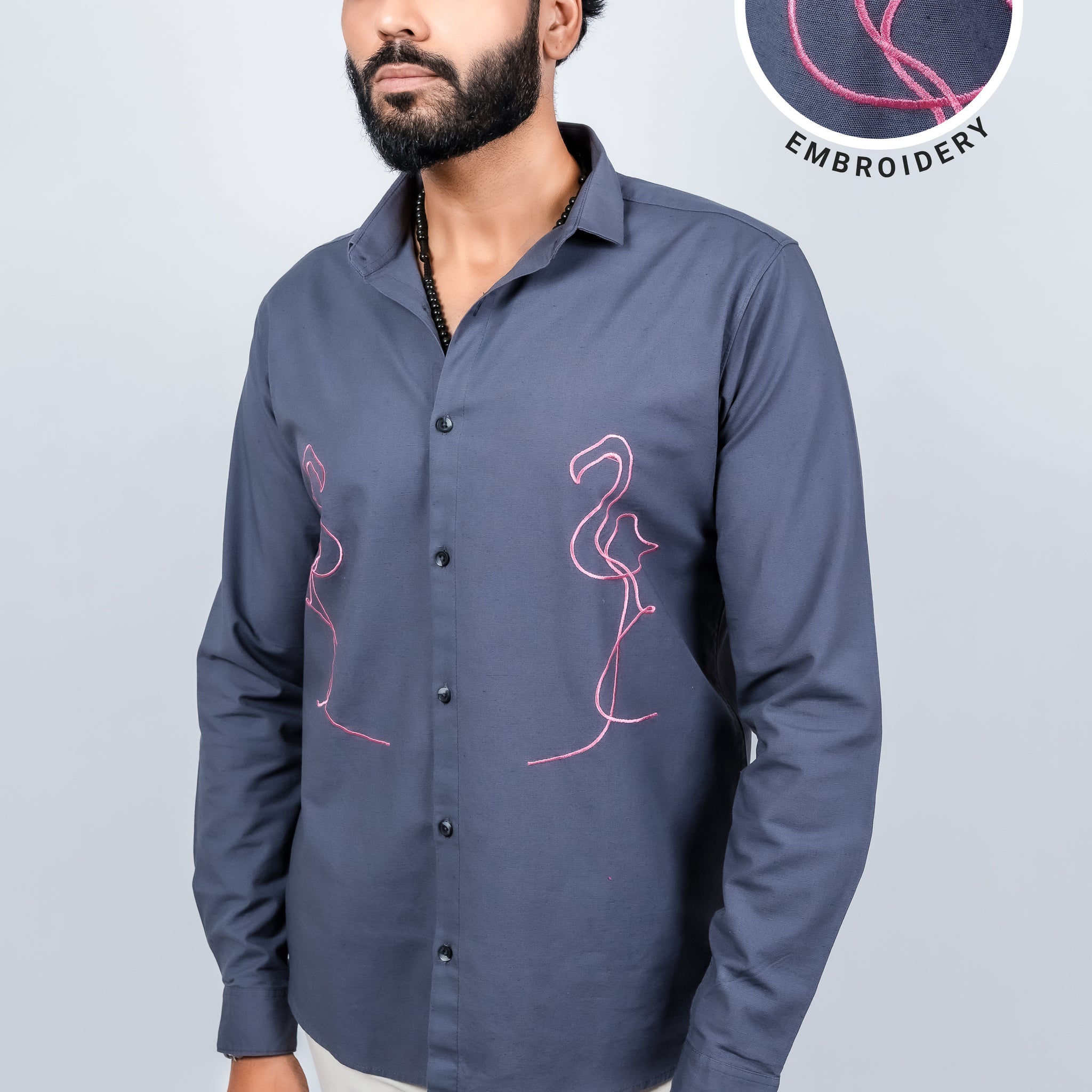 Cotton linen soft collar with bird embroidery shirt