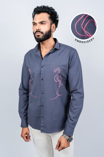 Cotton linen soft collar with bird embroidery shirt