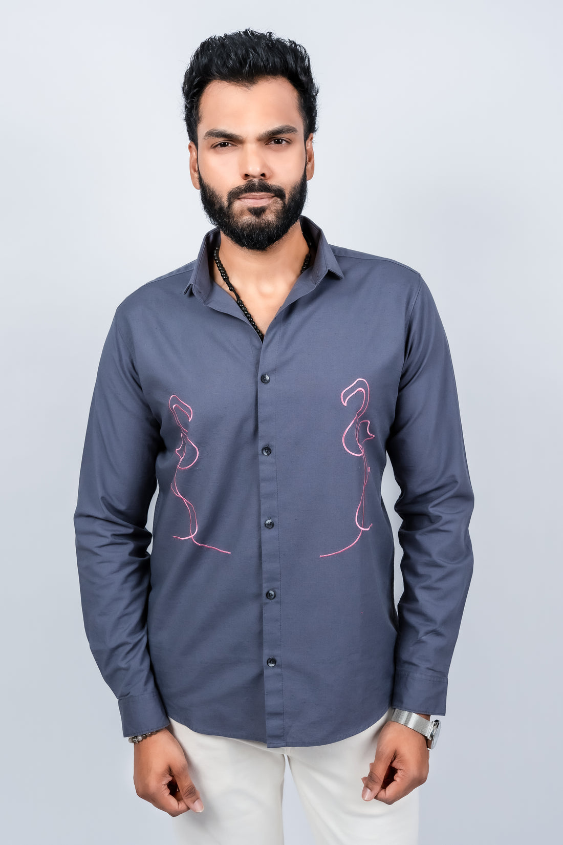 Cotton linen soft collar with bird embroidery shirt