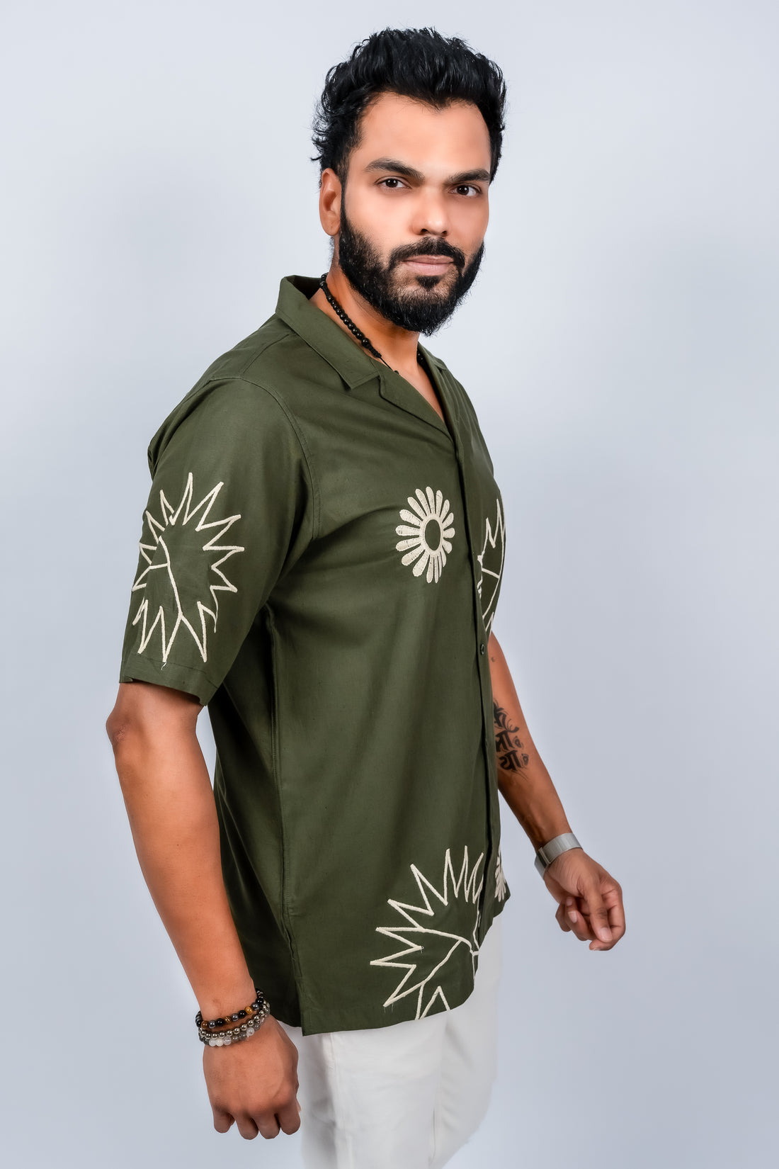 Opaque Casual cotton linen cuban collar embroidery Shirt