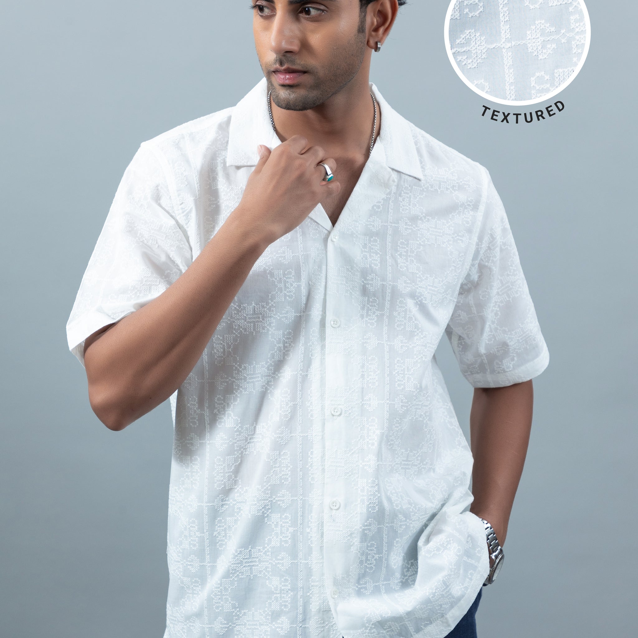 Men's cuban collar embroidered oversized casual shirt