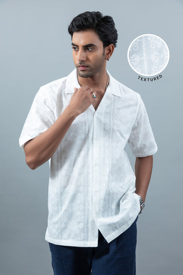 Men's cuban collar embroidered oversized casual shirt