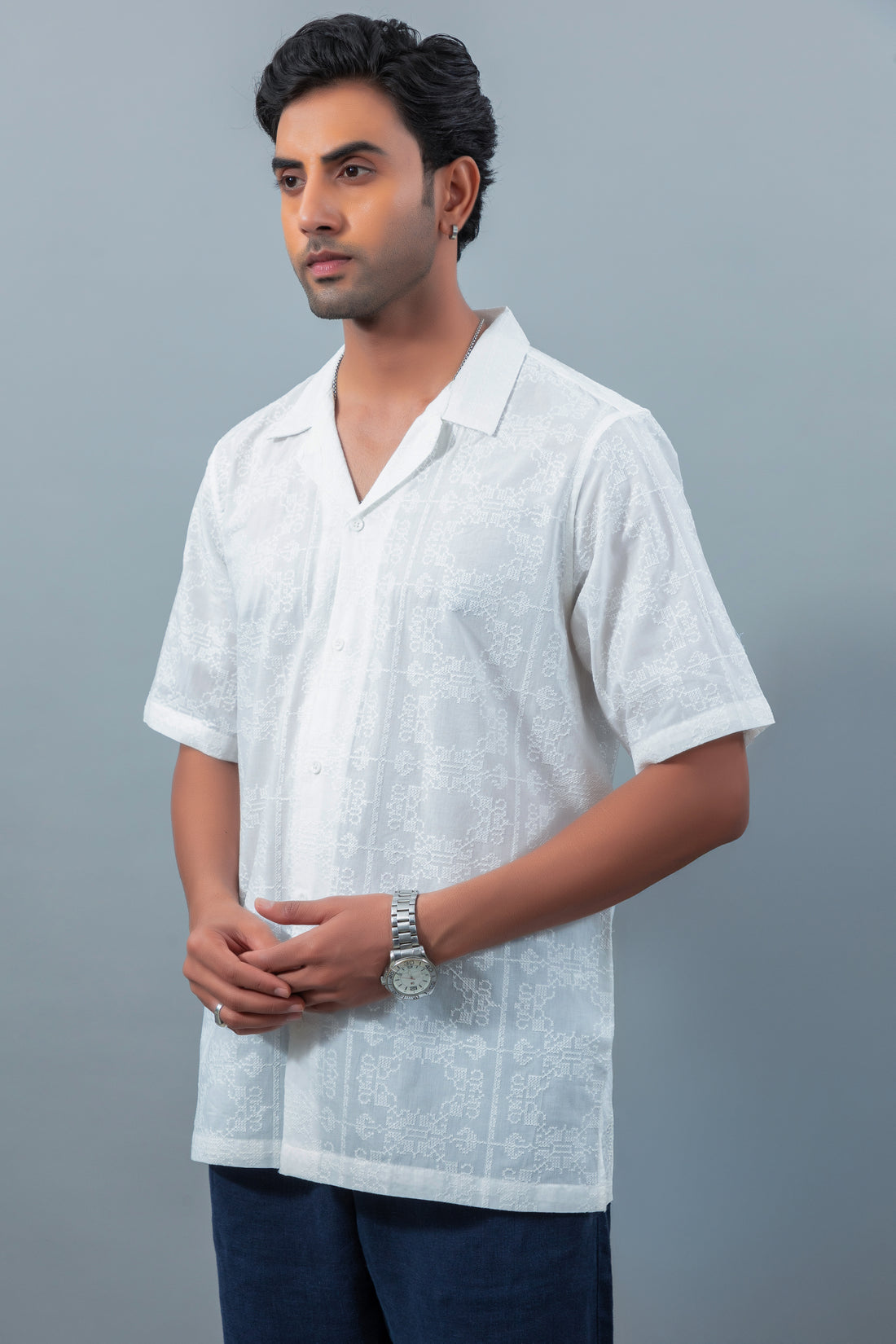 Men's cuban collar embroidered oversized casual shirt