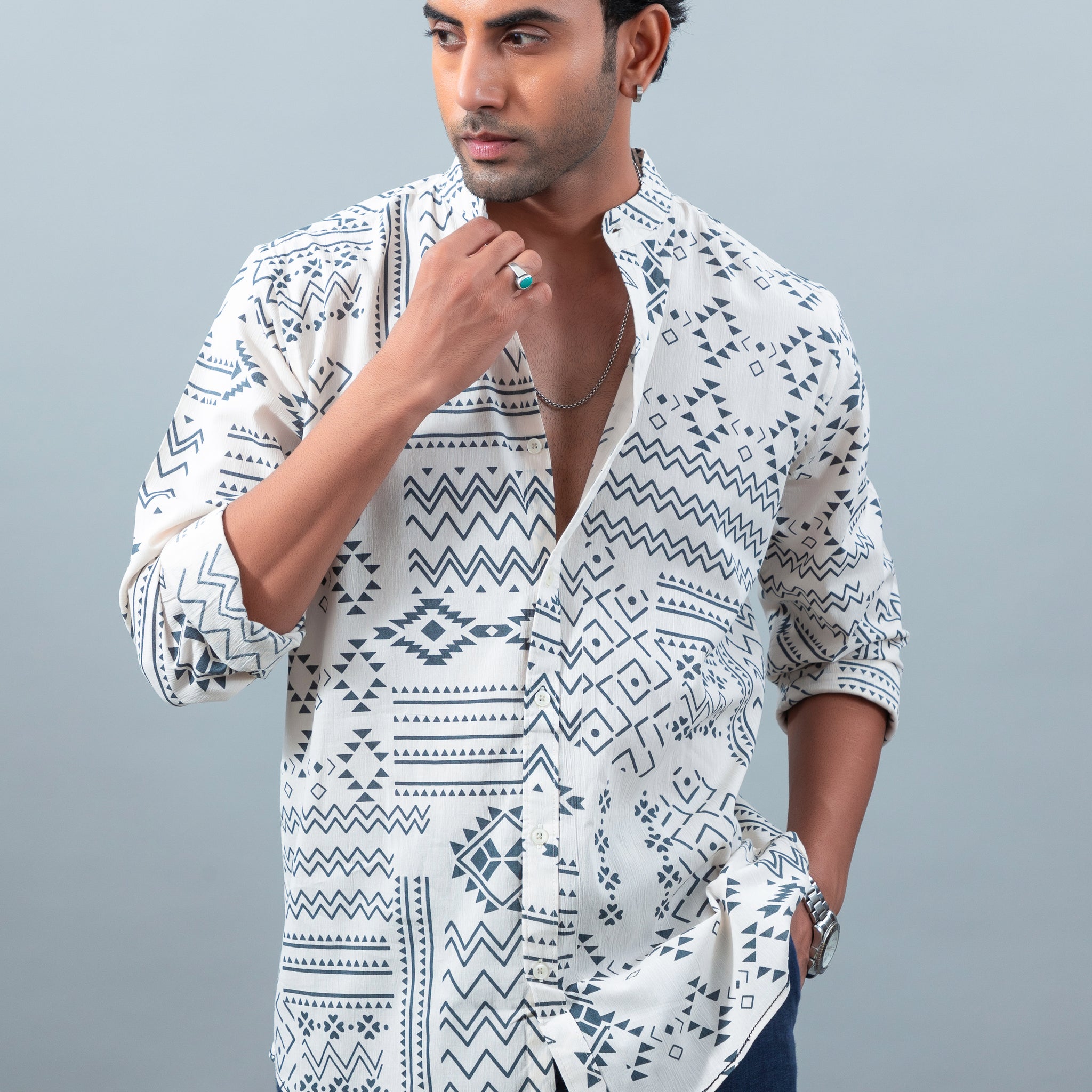 Men's premium grey printed mandarin collar casual shirt