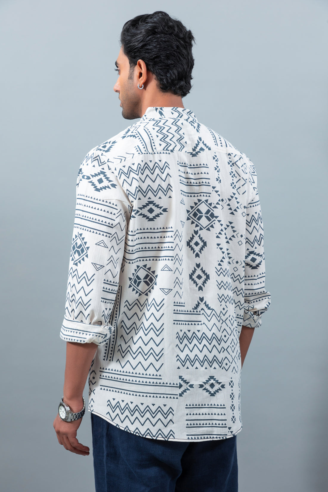 Men's premium grey printed mandarin collar casual shirt