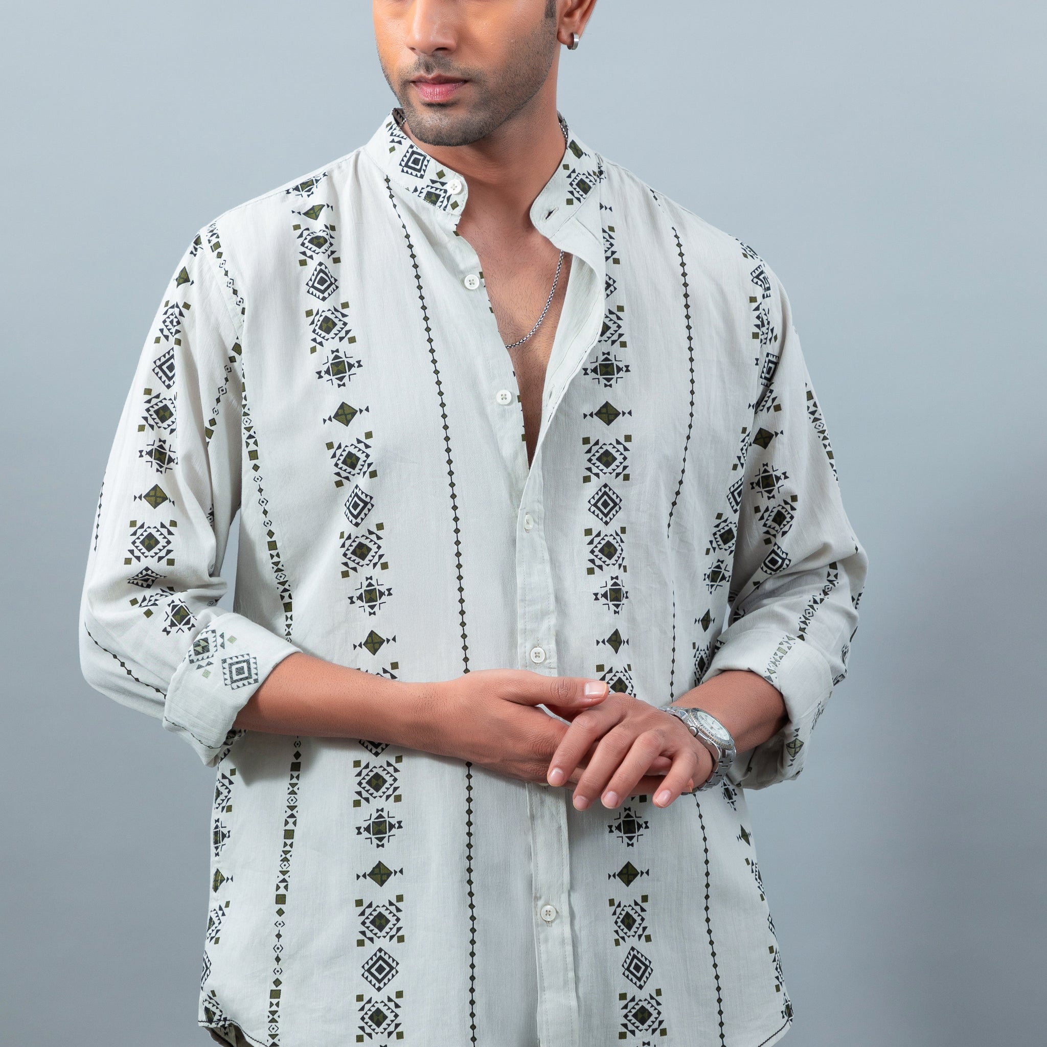 Premium green geometric print mandarin collar casual shirt