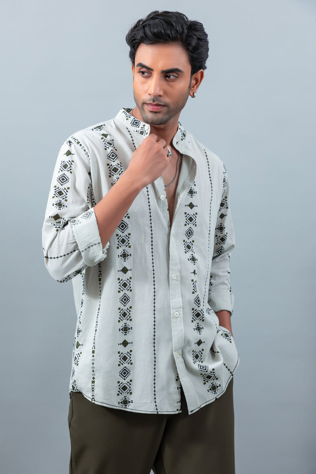 Premium green geometric print mandarin collar casual shirt