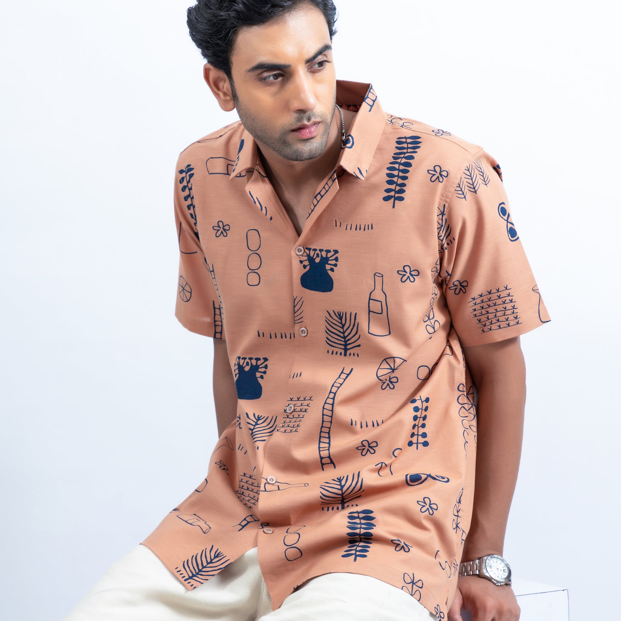 Men's cuban collar graphic printed cotton casual shirt