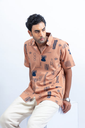 Men's cuban collar graphic printed cotton casual shirt