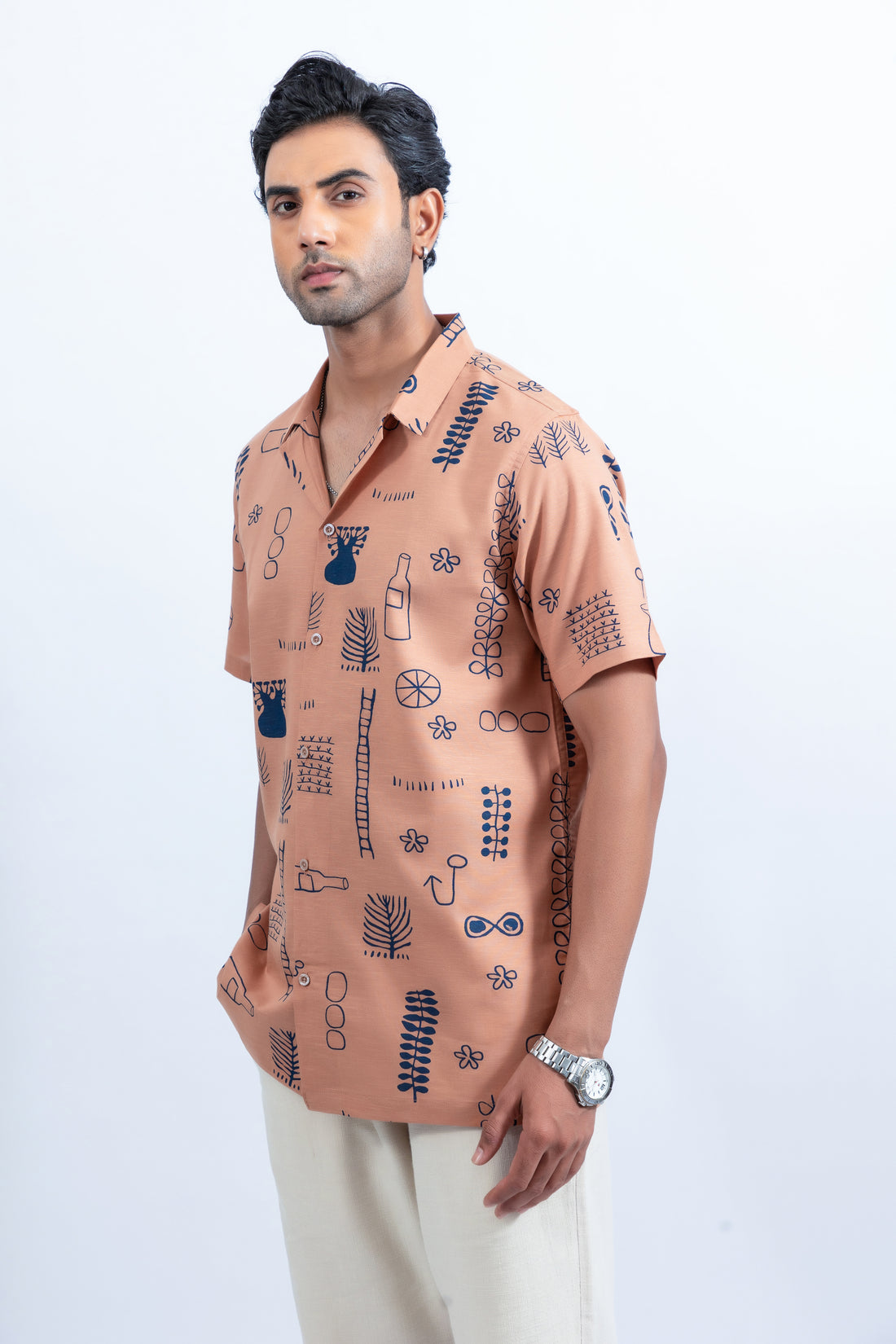 Men's cuban collar graphic printed cotton casual shirt