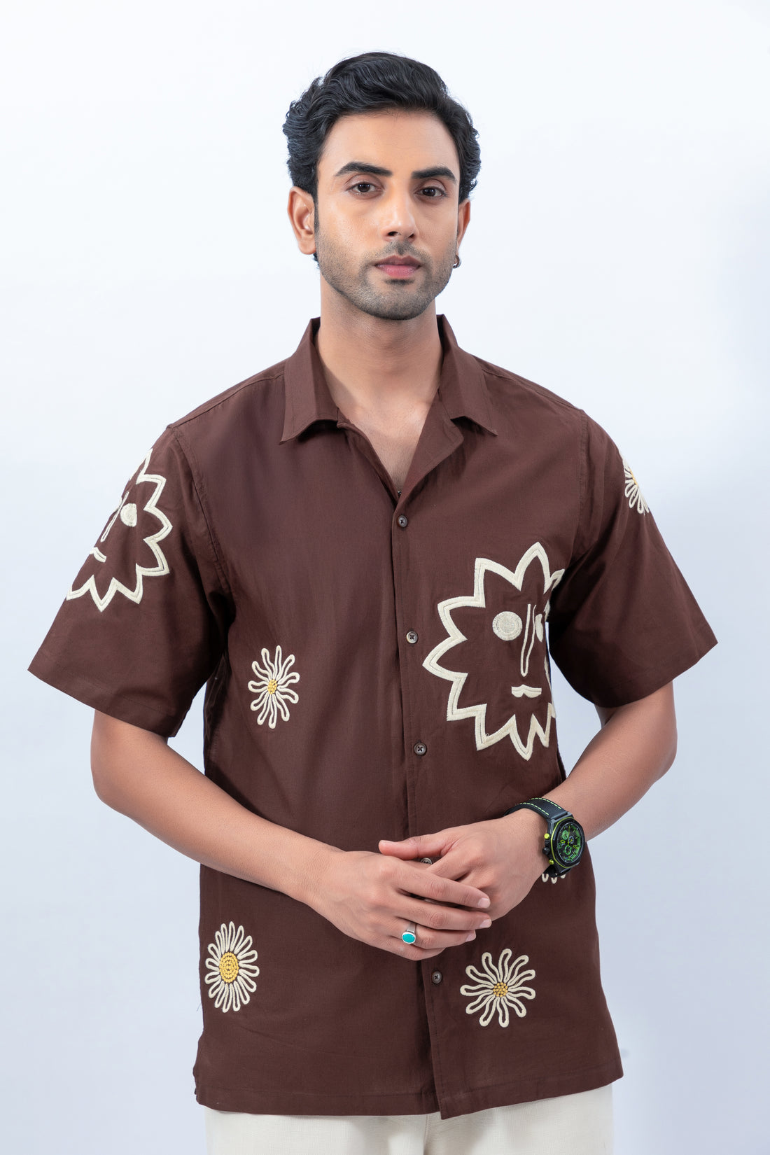 Brown Casual cotton linen cuban collar embroidery Shirt