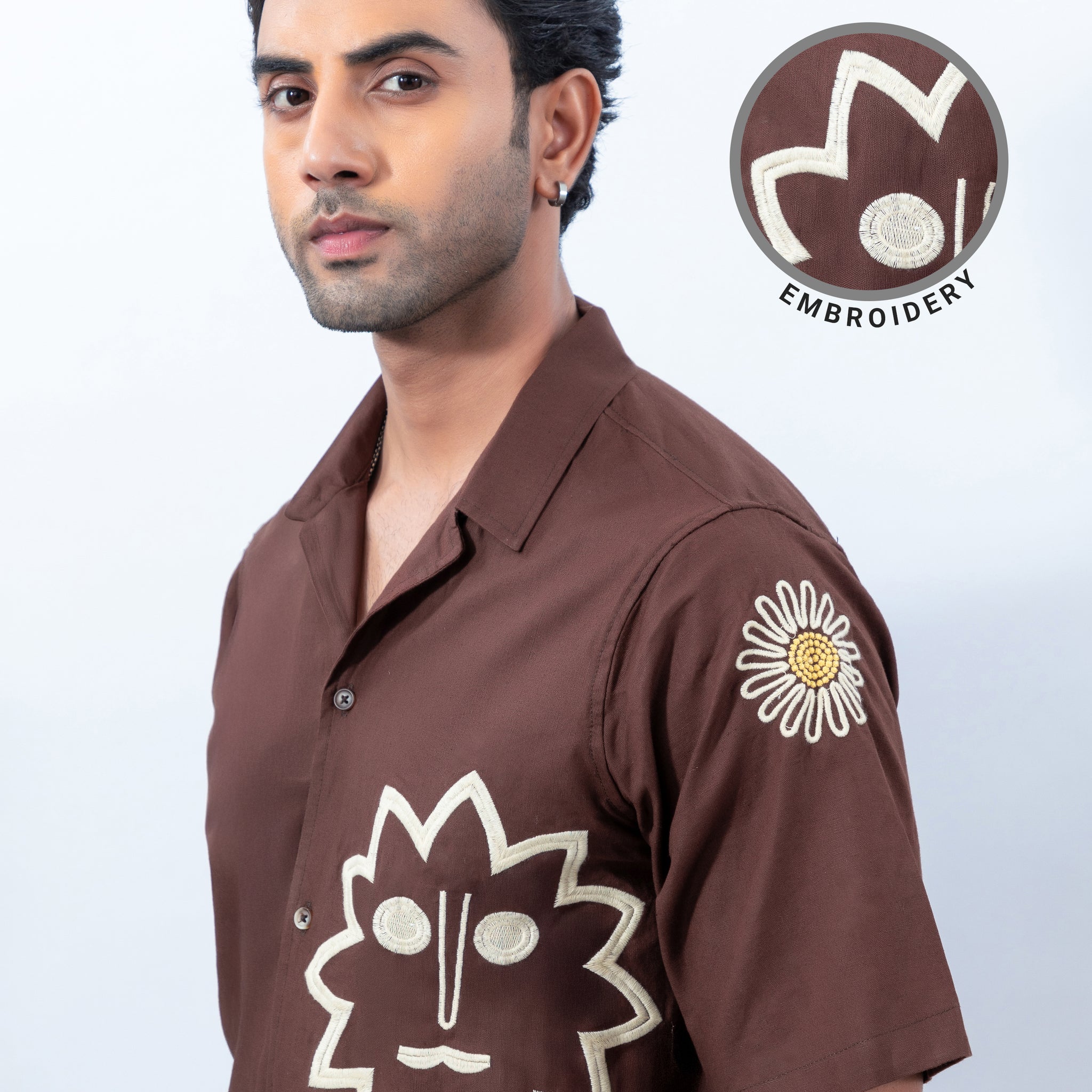 Brown Casual cotton linen cuban collar embroidery Shirt