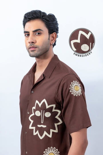 Brown Casual cotton linen cuban collar embroidery Shirt