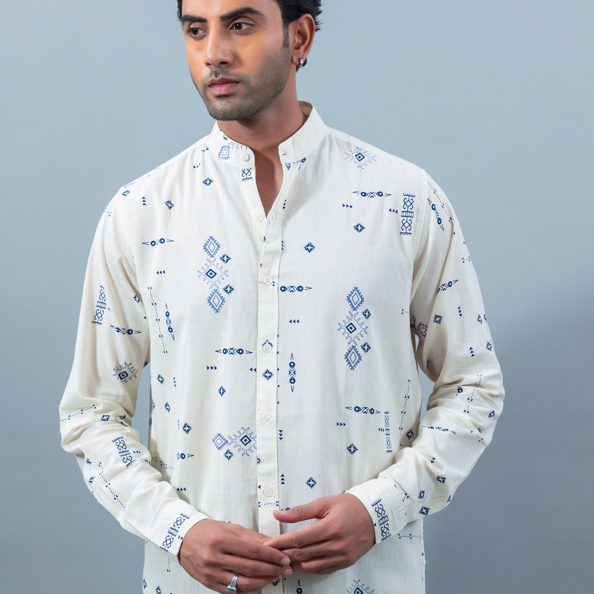 Men's premium blue print mandarin collar casual shirt