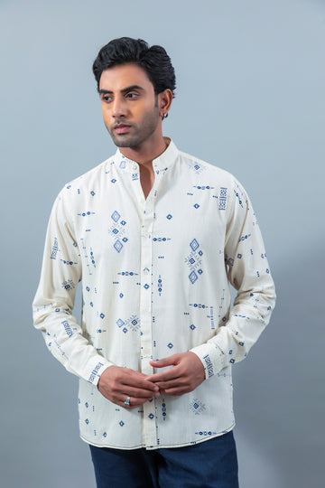 Men's premium blue print mandarin collar casual shirt