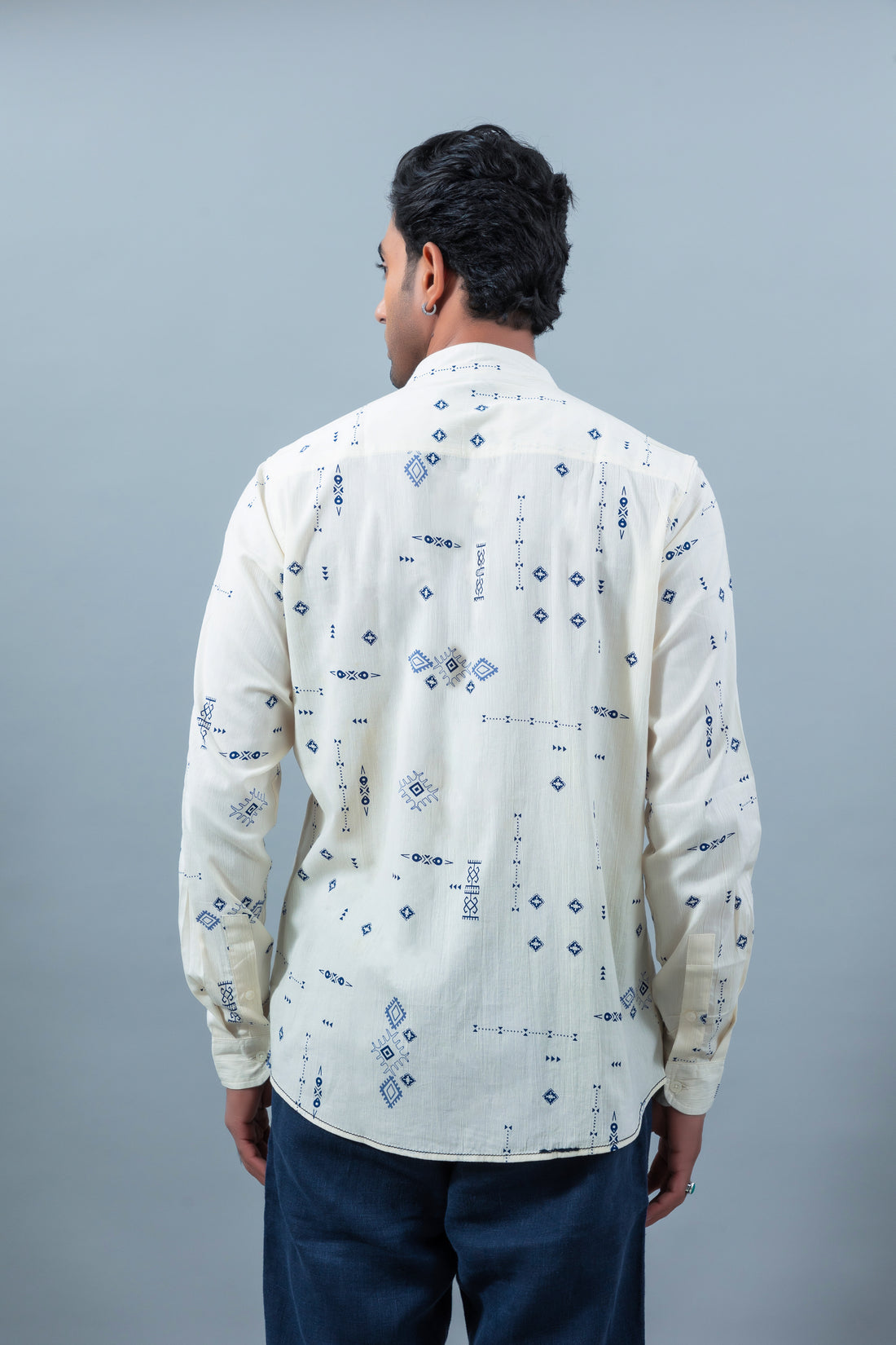 Men's premium blue print mandarin collar casual shirt