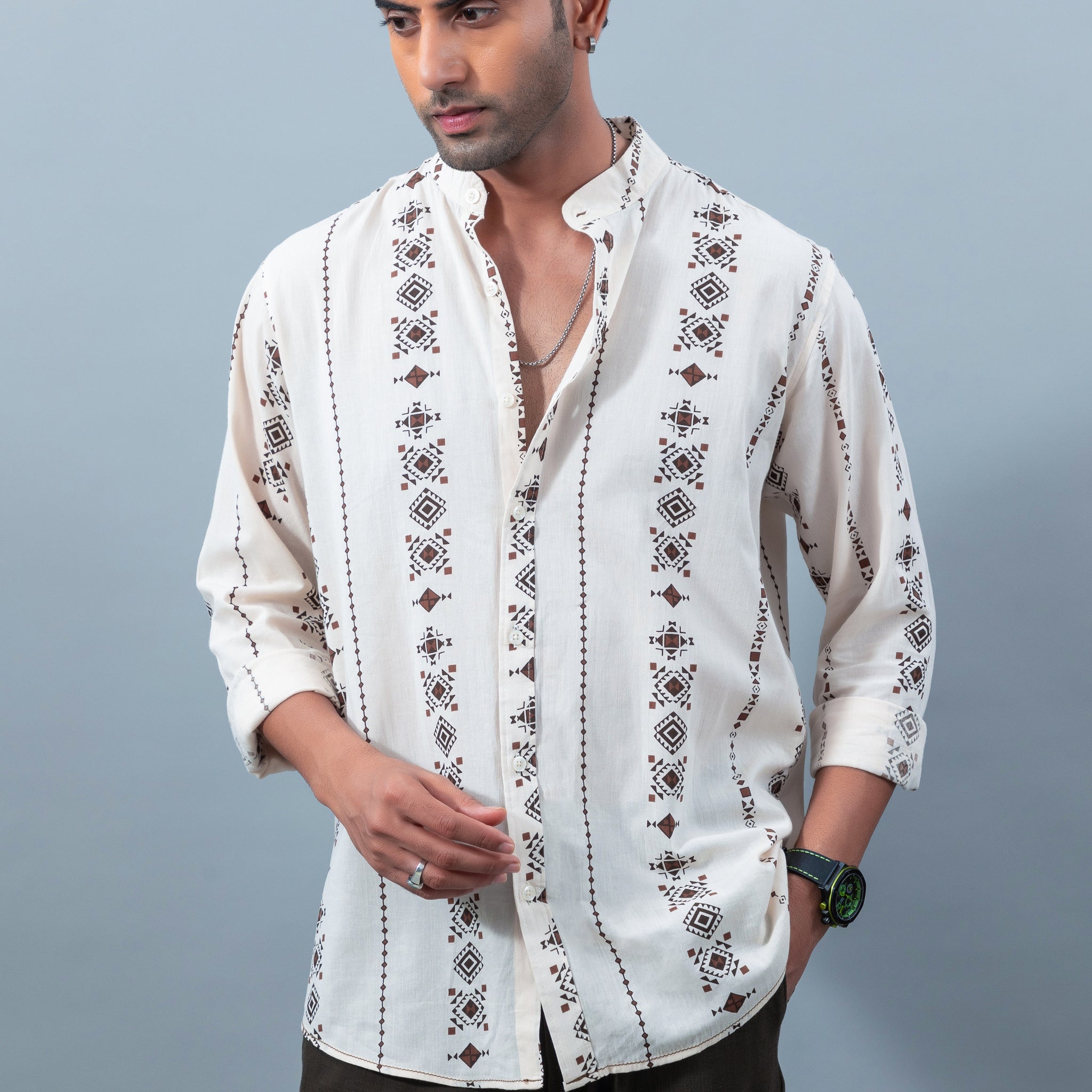 Men's premium brown geometric print mandarin collar casual shirt