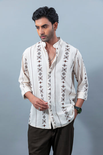 Men's premium brown geometric print mandarin collar casual shirt