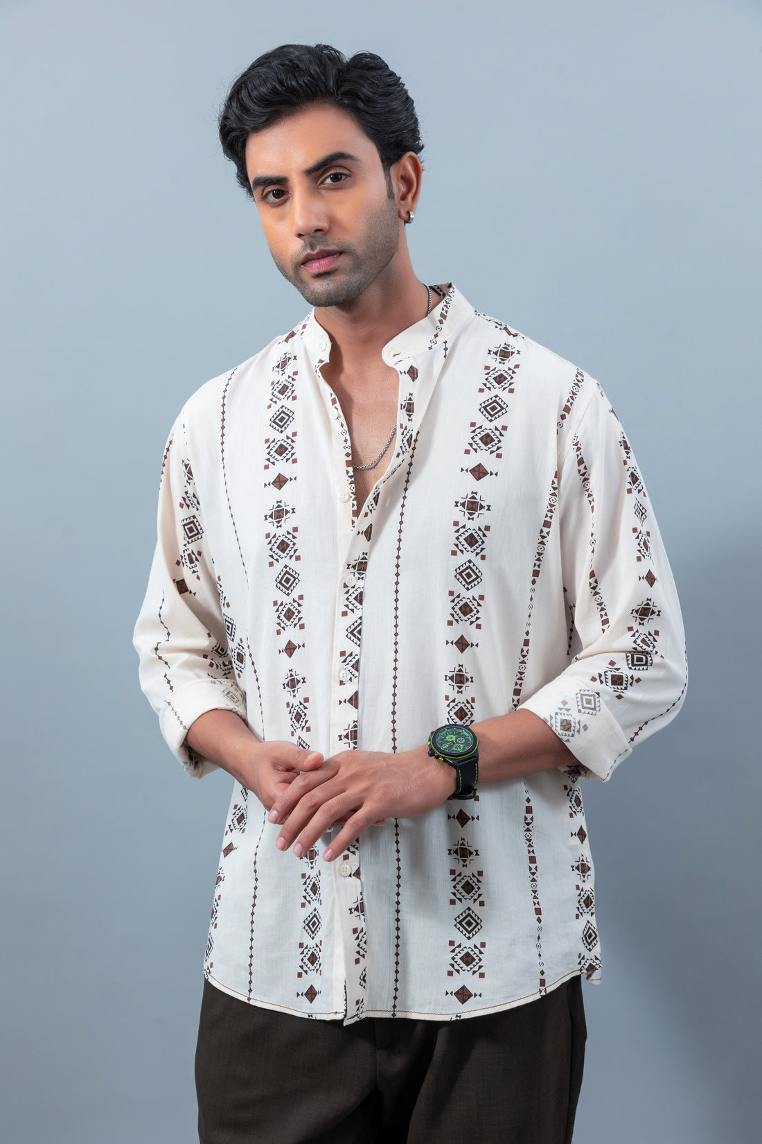 Men's premium brown geometric print mandarin collar casual shirt