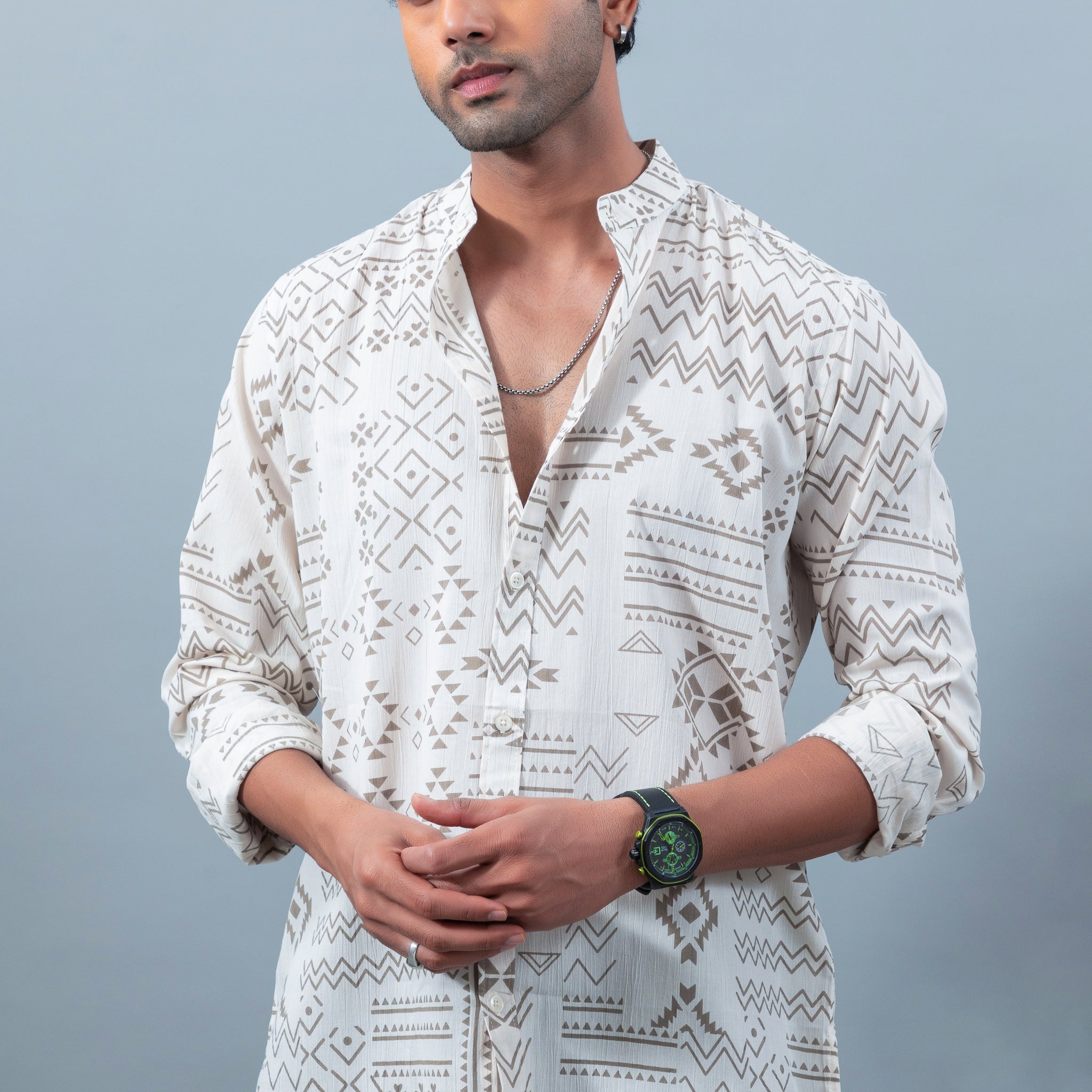 Men's premium brown printed mandarin collar casual shirt