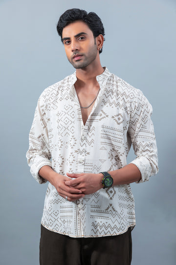 Men's premium brown printed mandarin collar casual shirt