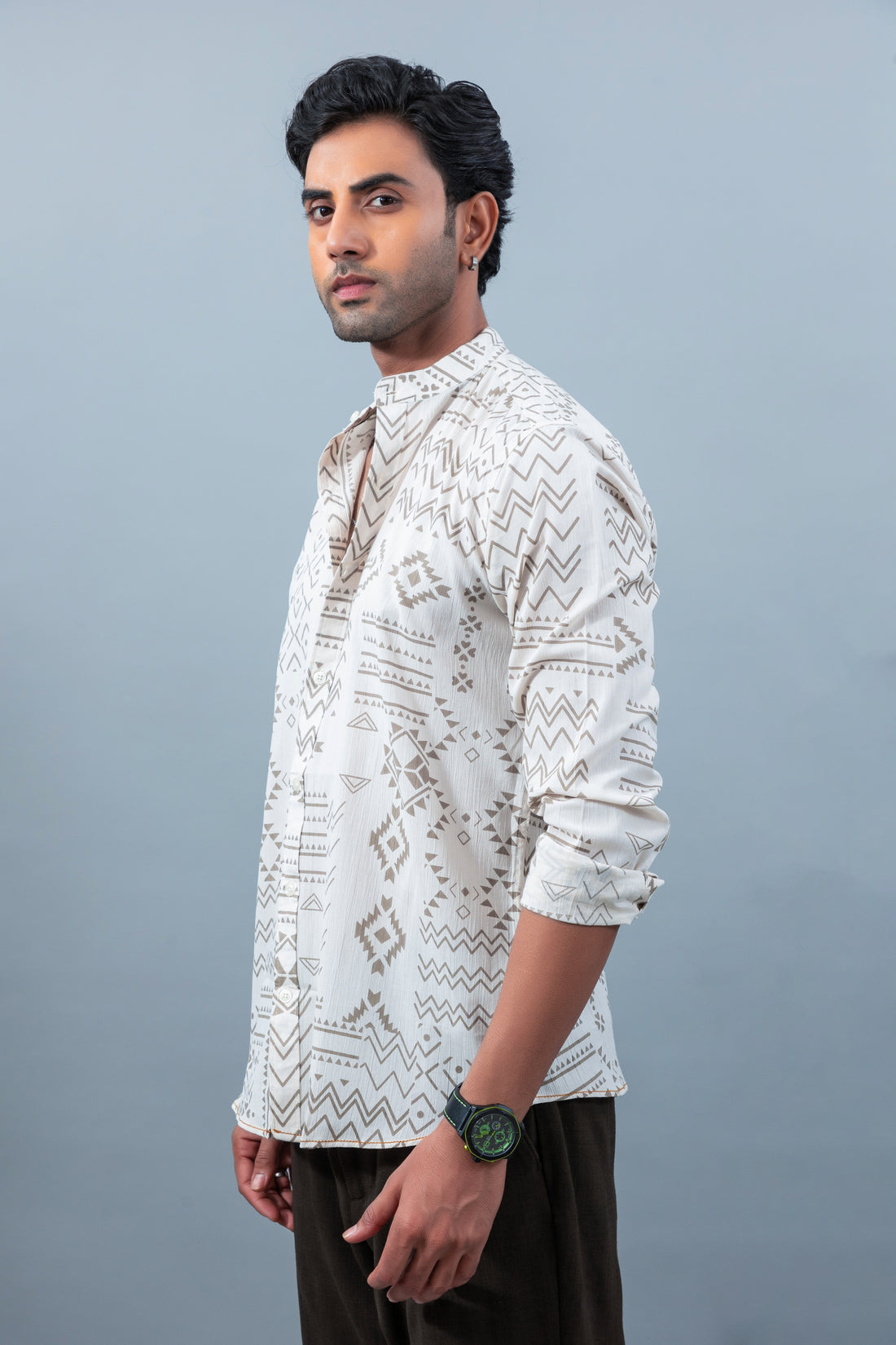 Men's premium brown printed mandarin collar casual shirt