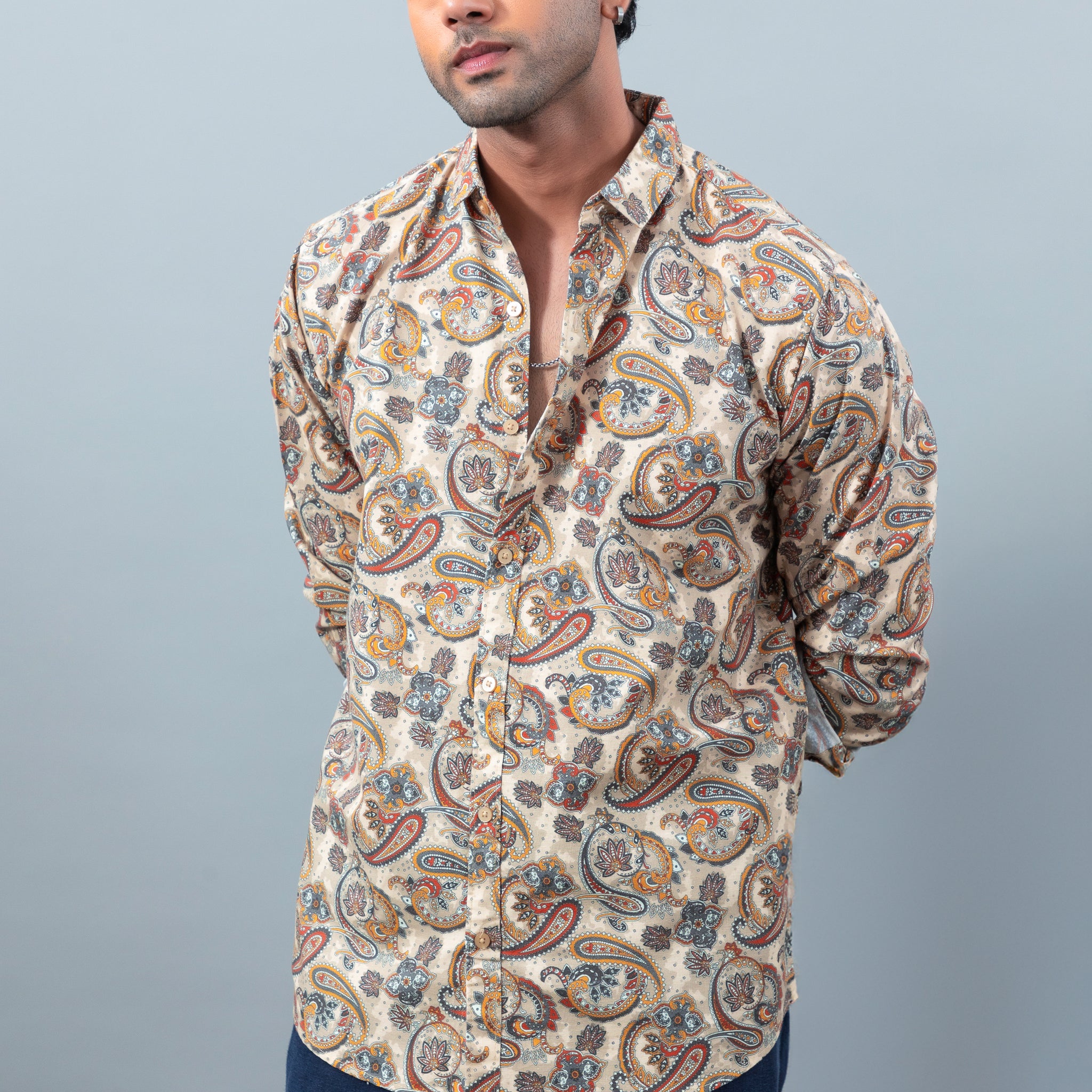 Men's premium motif printed soft collar casual shirt