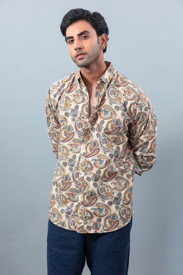 Men's premium motif printed soft collar casual shirt