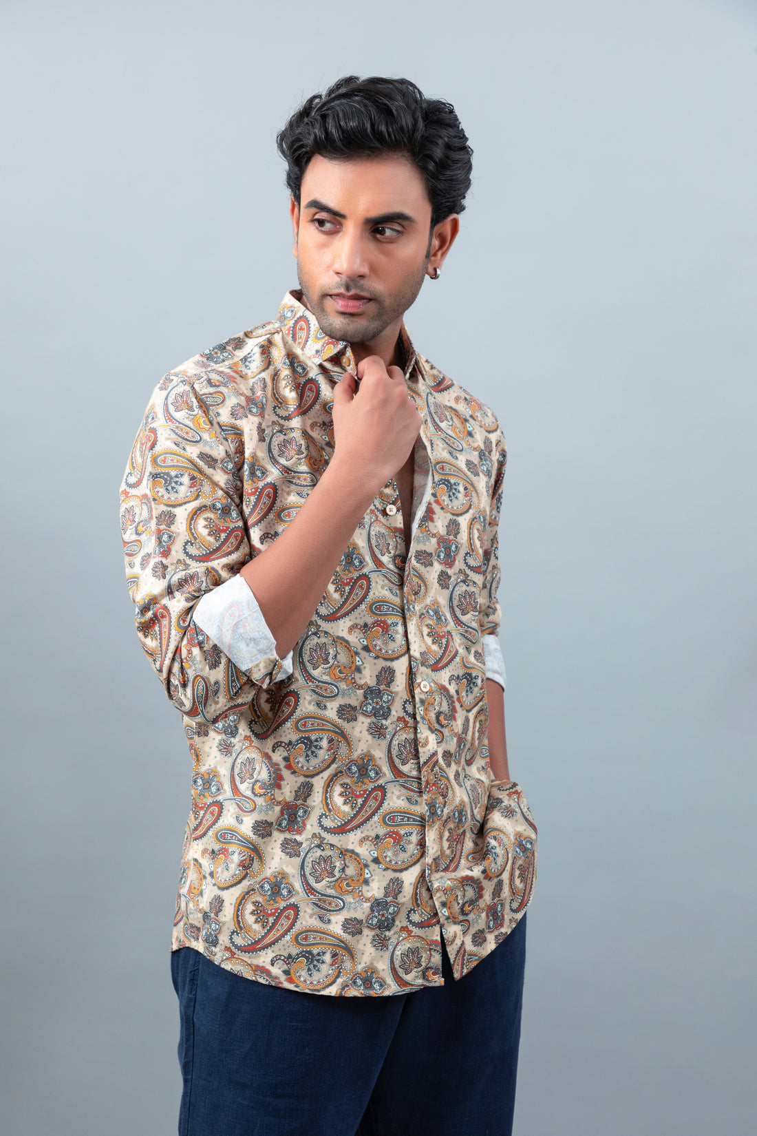 Men's premium motif printed soft collar casual shirt