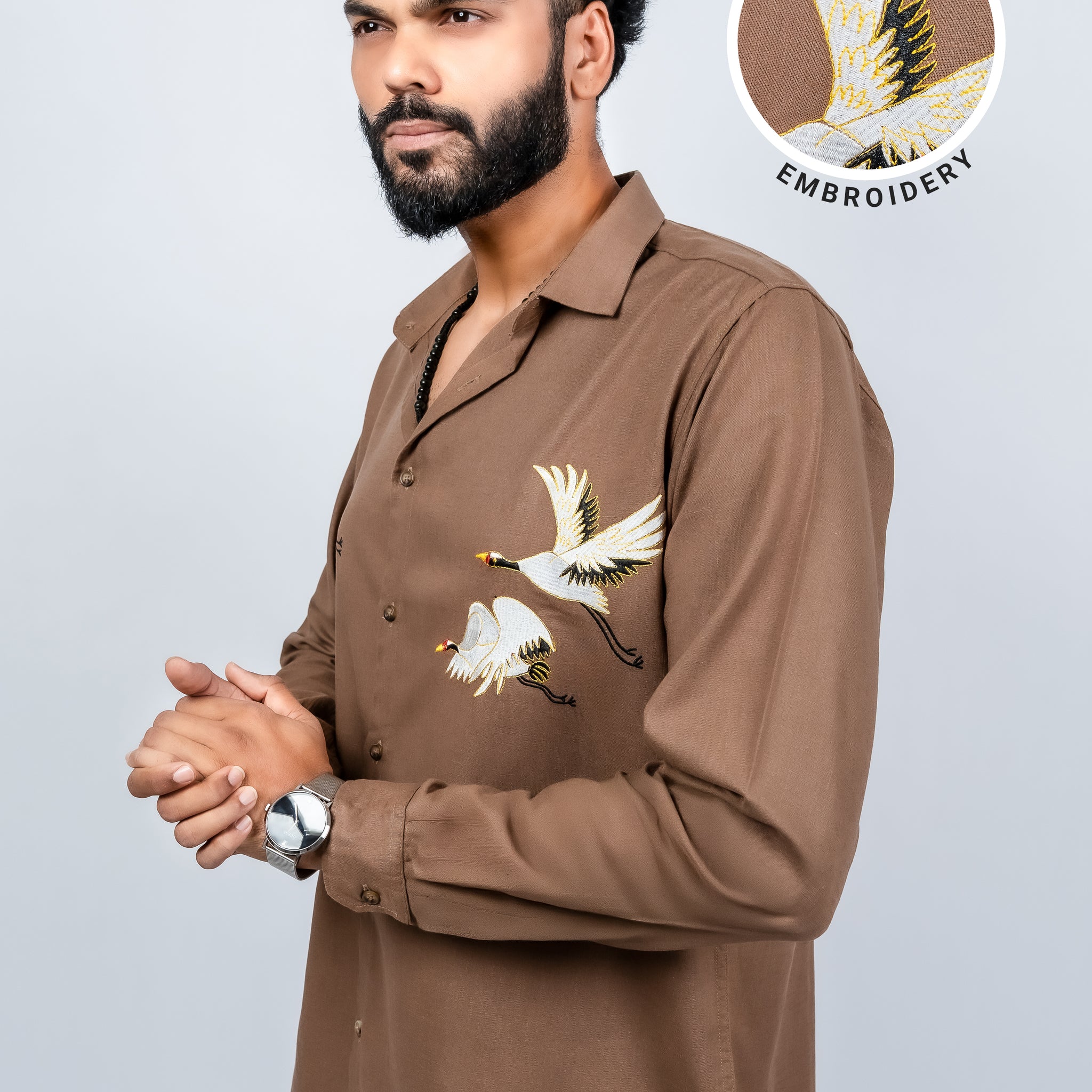 Cotton linen soft collar with flying bird embroidery shirt