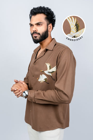 Cotton linen soft collar with flying bird embroidery shirt