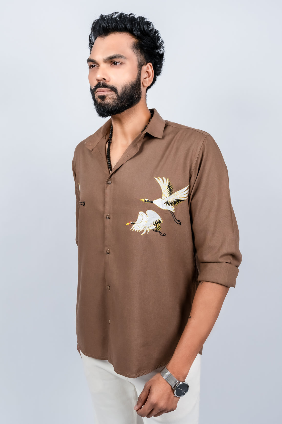 Cotton linen soft collar with flying bird embroidery shirt